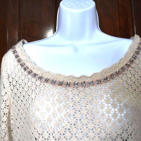 Free People Off White Wool Blend Open Knit Sweater Small Embellished Scoop Neck - Picture 6 of 12